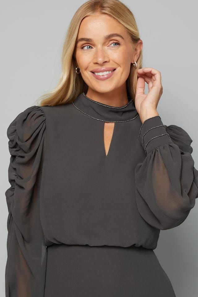 Wallis Wallis Women's Petite Embellished Ruched Sleeve Midi Dress in Charcoal - 3