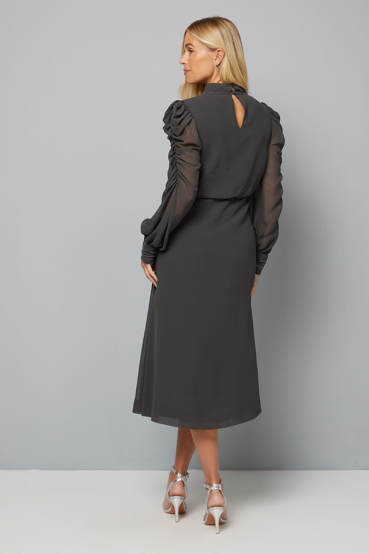 Wallis Wallis Women's Petite Embellished Ruched Sleeve Midi Dress in Charcoal - 4