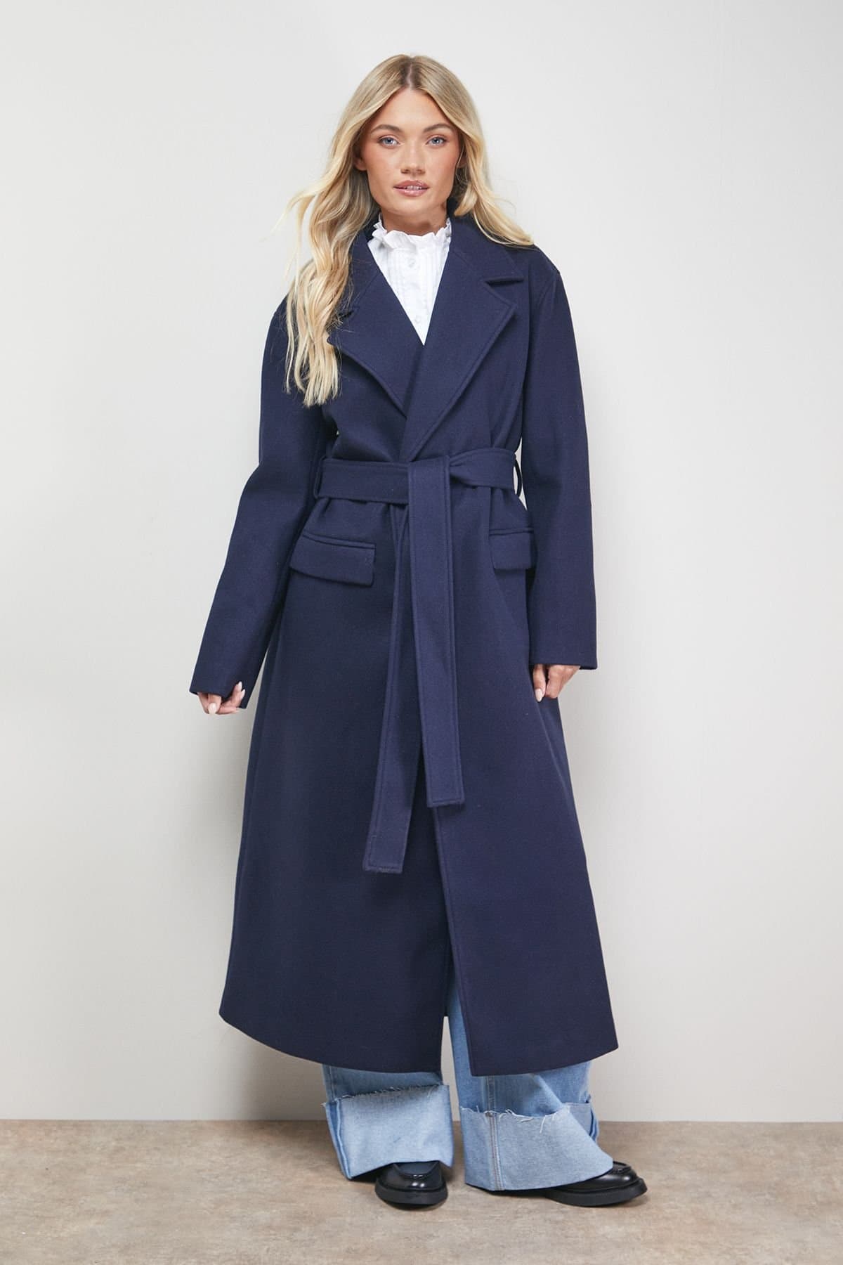Oasis Oasis Women's Tie Belt Detail Midi Coat in Navy