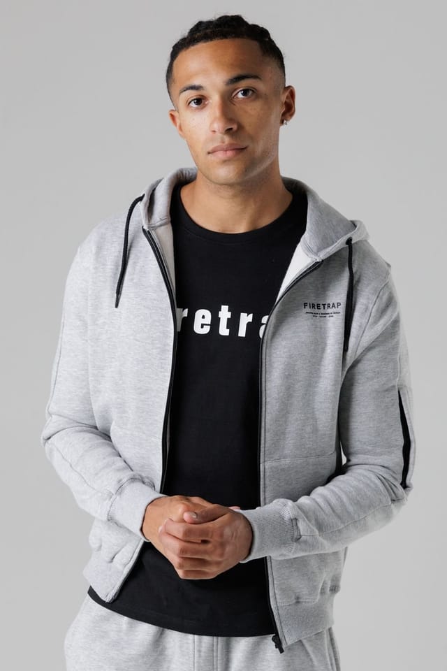 Firetrap Firetrap Men's Regular Fit Zip Through Fleece Hoody with Drawstrings in Light Grey - 3