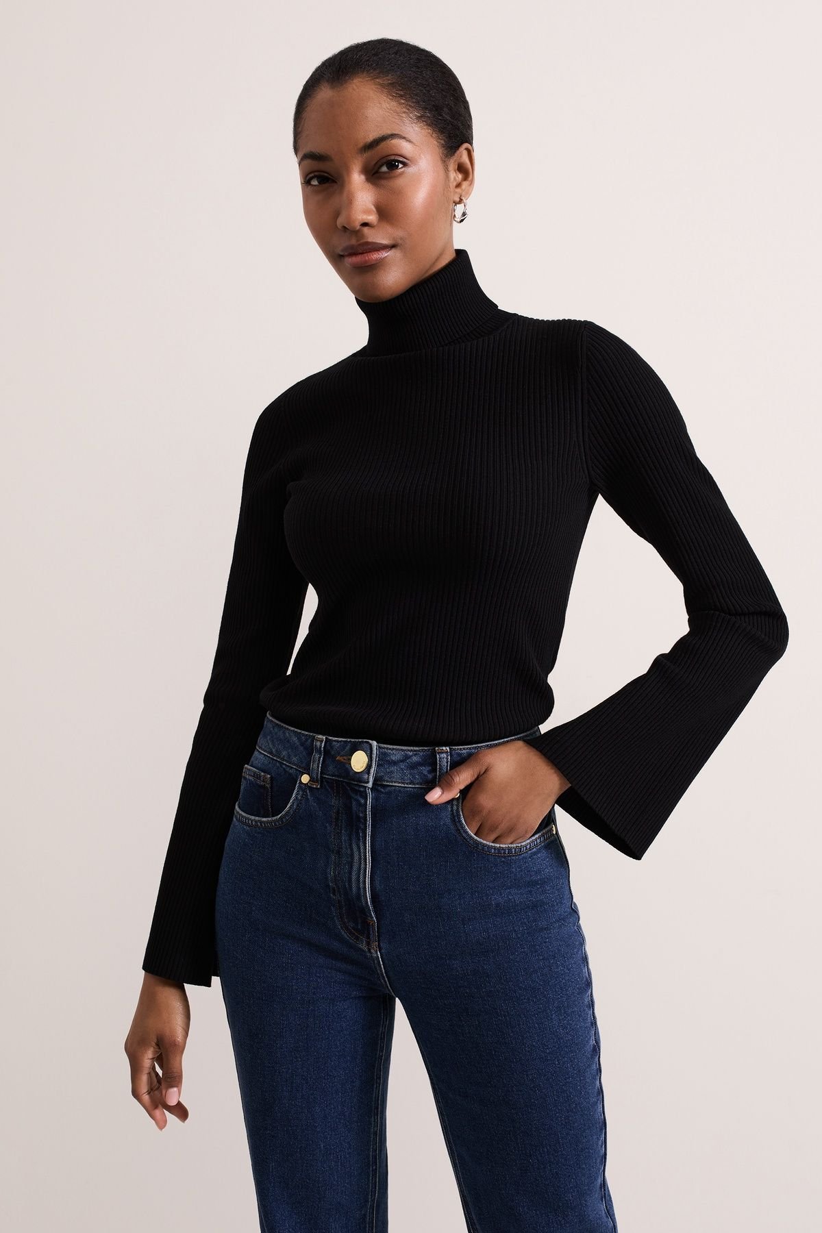Phase Eight Phase Eight Women's Fran Fluted Sleeve Ribbed Roll Neck in Black - 1