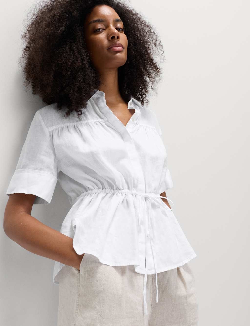Marks & Spencer M&S Pure Linen Relaxed Drawstring Shirt White - 1