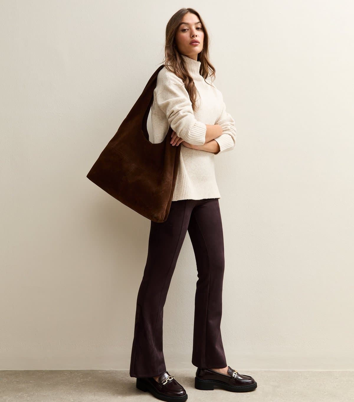 New Look Women's Dark Brown Faux Suede Flared Trousers New Look