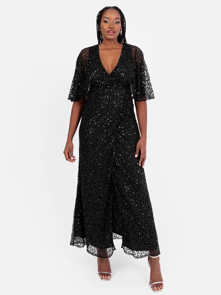 Maya Deluxe Maya Deluxe Women's Fully Embellished Faux Wrap Maxi Dress in Black
