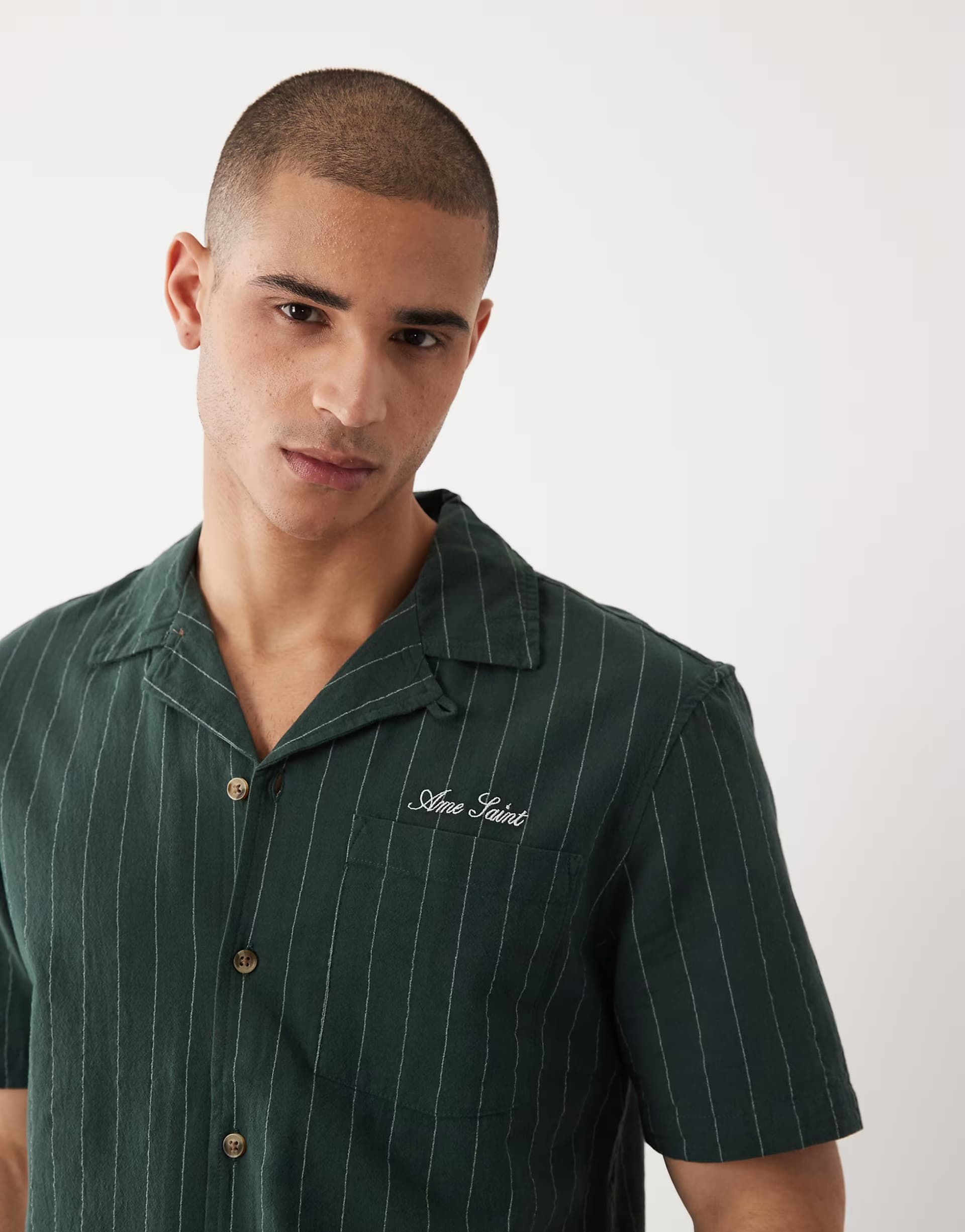 ASOS River Island textured striped revere shirt co-ord in dark green