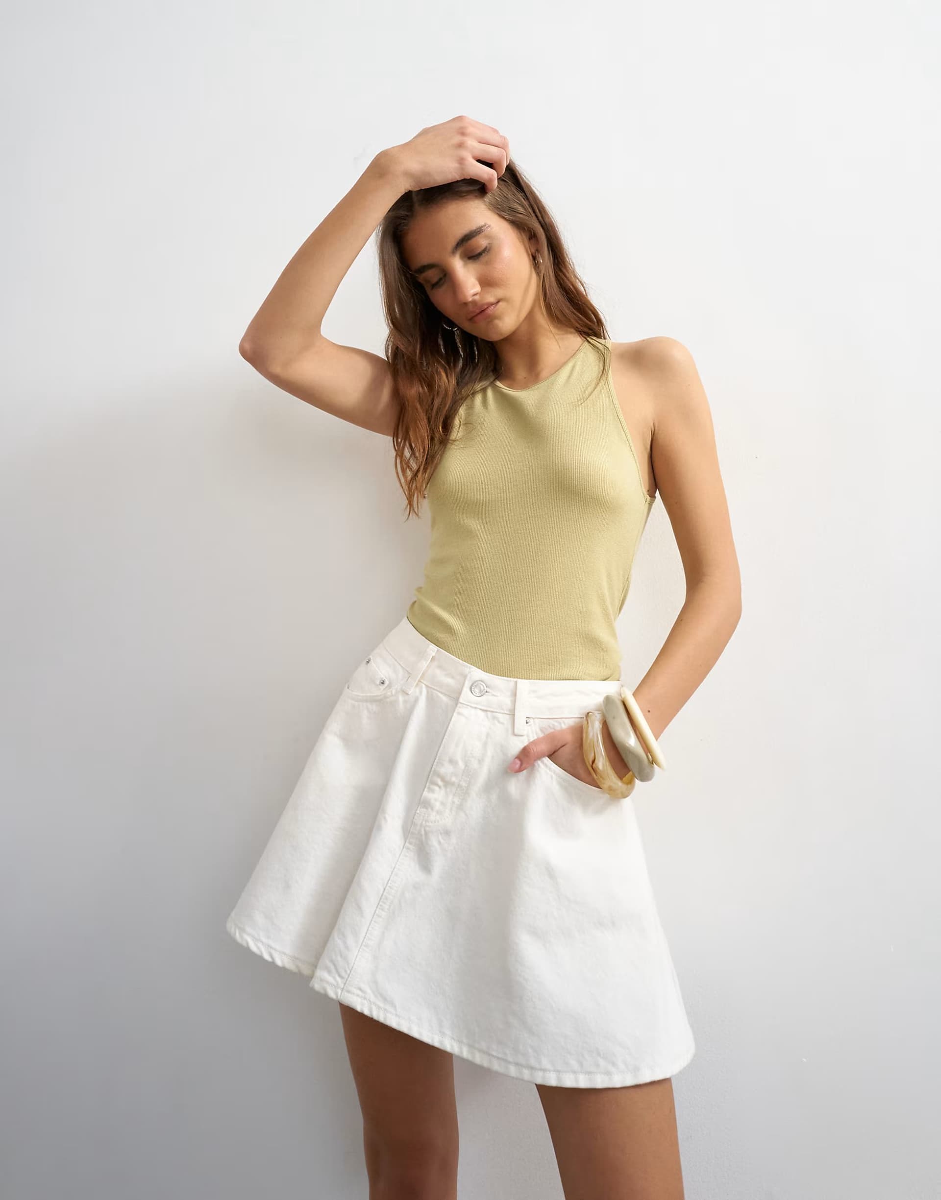ASOS Topshop denim pleated full mini skirt in bone
