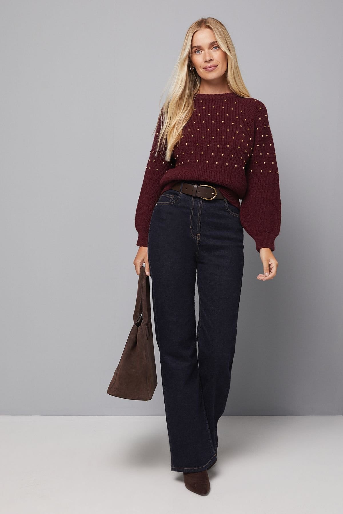 Wallis Wallis Women's Petite Stud Knitted Jumper in Berry - 1