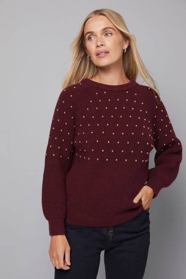 Wallis Wallis Women's Petite Stud Knitted Jumper in Berry - 2