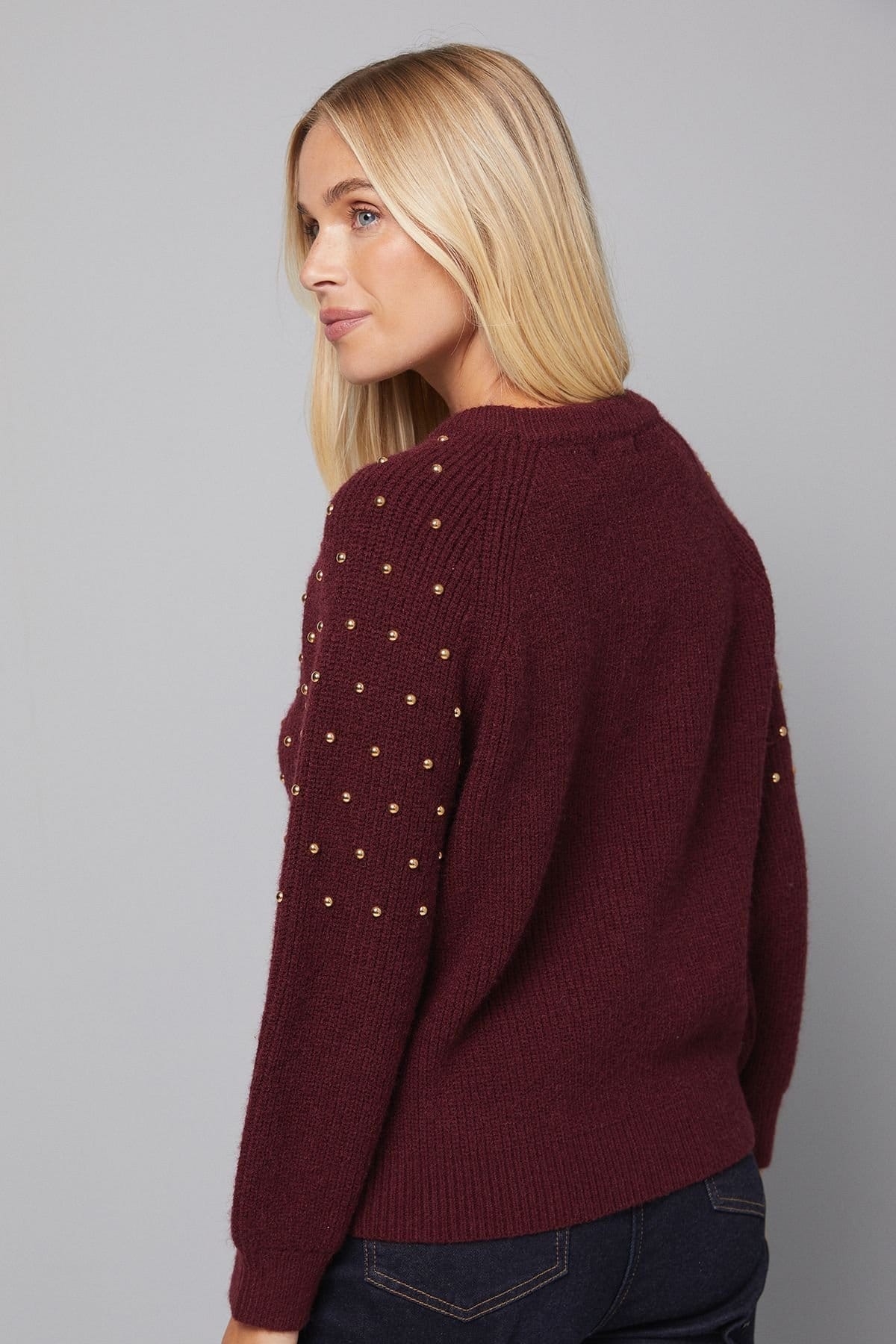 Wallis Wallis Women's Petite Stud Knitted Jumper in Berry - 4