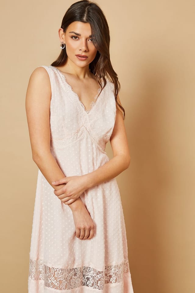 Oasis Oasis Women's Dobby Chiffon Lace Insert Midi Dress in Blush - 2