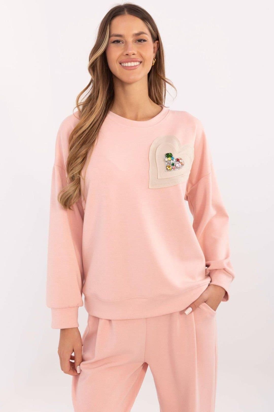 Love Lace Love Lace Women's Heart Applique Round Neck Jersey Blouse in Pink