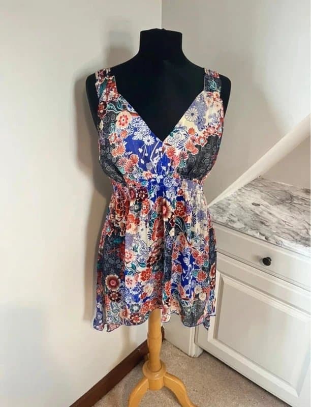 Wallis Wallis Blue Red Multi Floral V Neck Floaty Sheer Lined Cami Top Summer Holiday Size 14