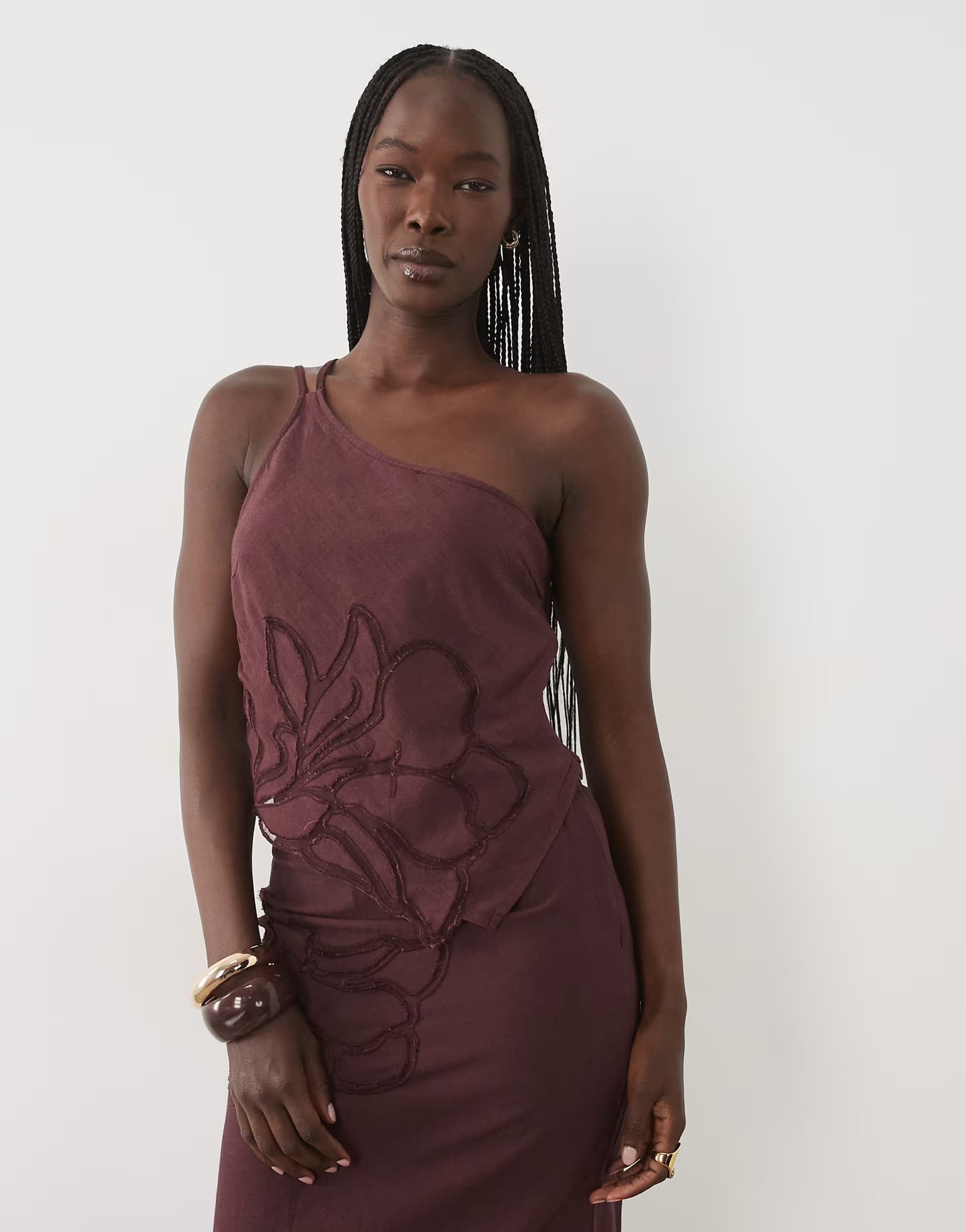 ASOS Mango Alfred cotton rich one shoulder embroidered top co-ord in deep red