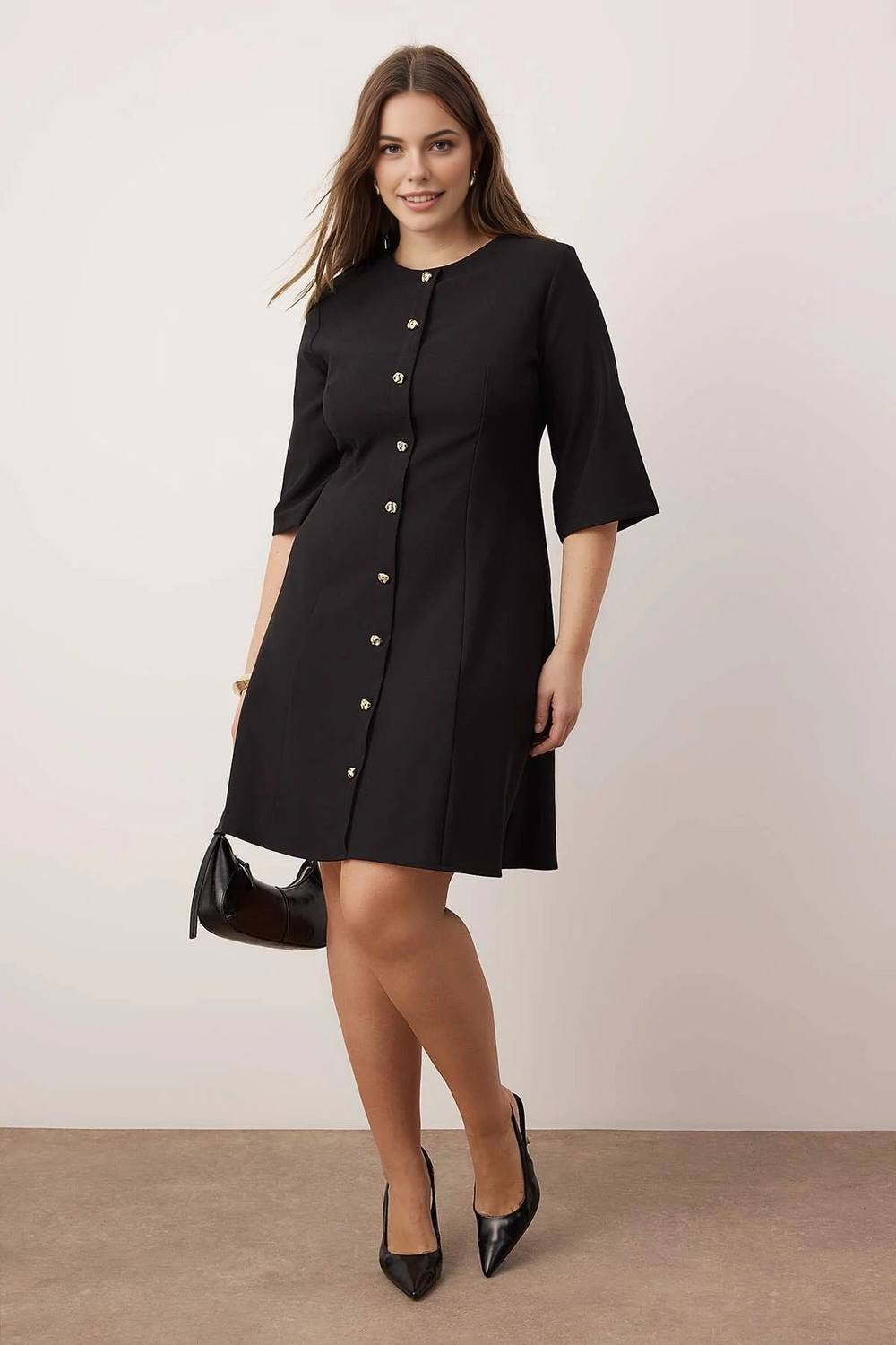 WOVCOR WOVCOR Women's Crew Neck Button Front A-Line Mini Dress in Black - 2