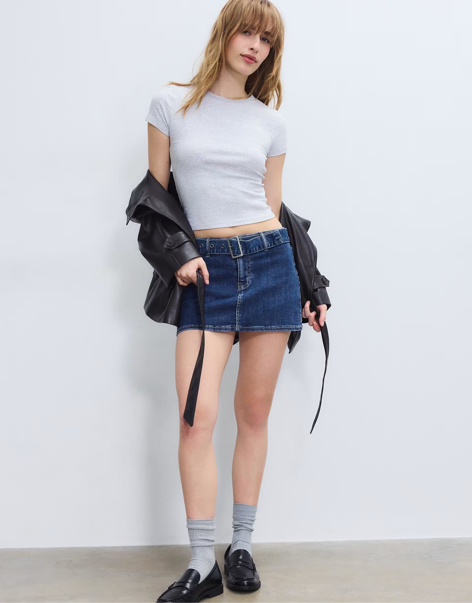 ASOS Stradivarius Denim skort with belt in medium denim wash