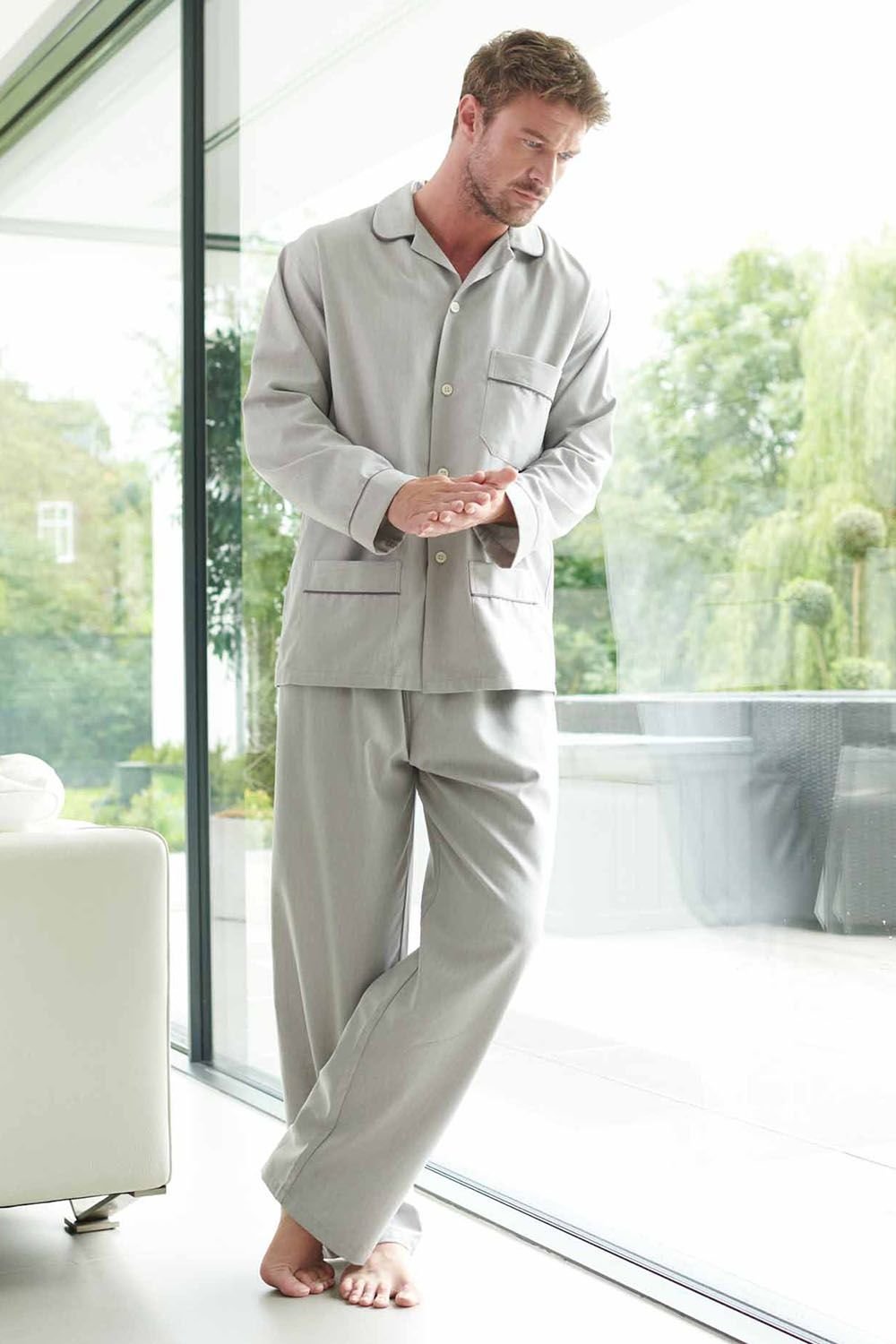 British Boxers British Boxers Men's 'Armoury Grey' Herringbone Cotton Twill Pyjama Set in Light Grey - 3