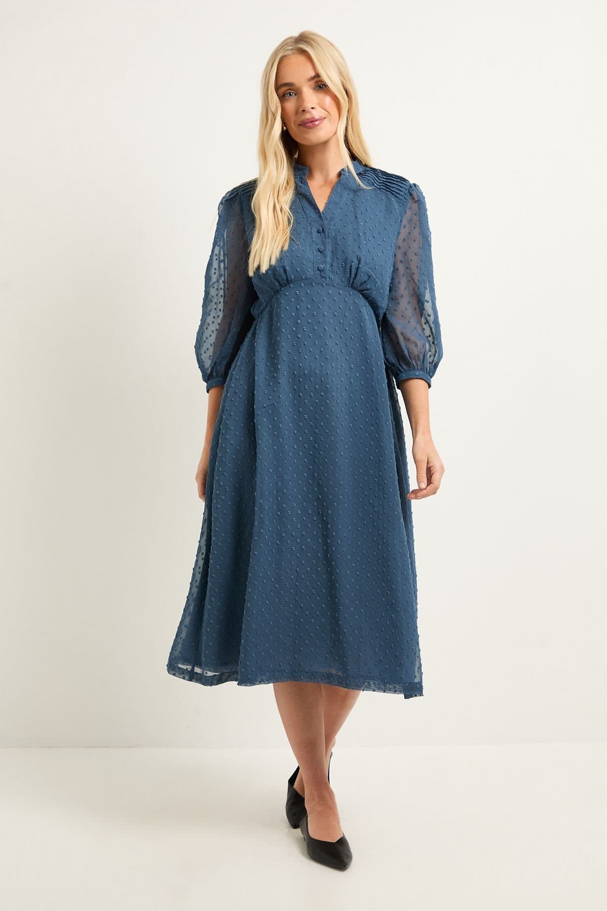 Wallis Wallis Women's Petite Dobby Pleat Detail Button Midi Dress in Blue
