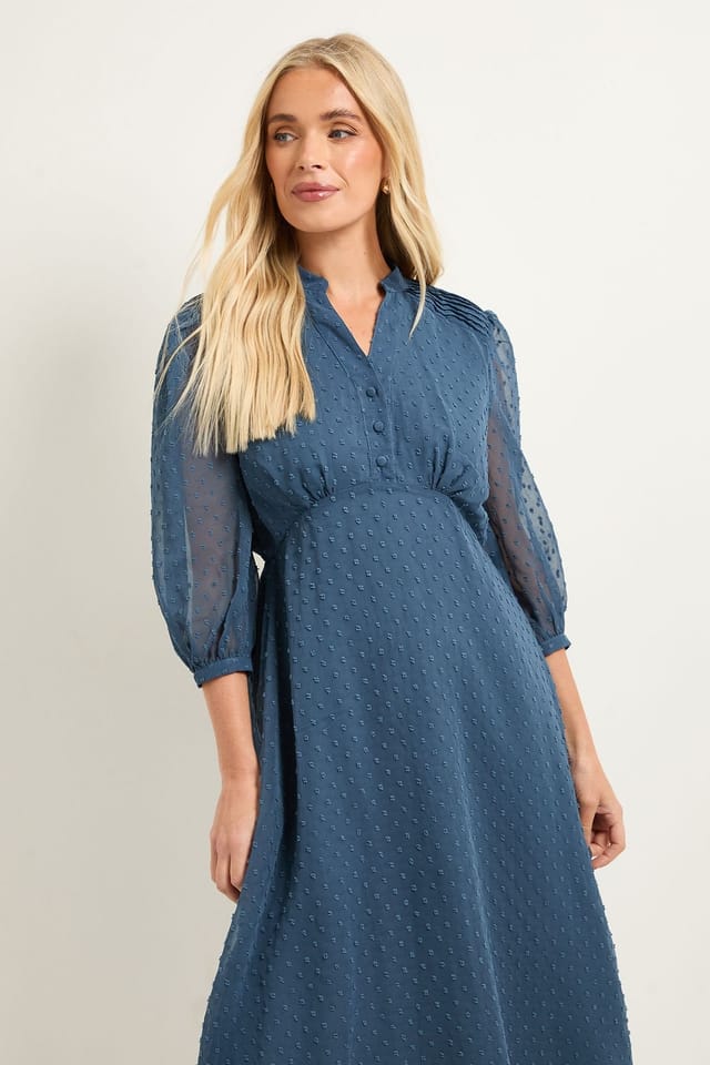 Wallis Wallis Women's Petite Dobby Pleat Detail Button Midi Dress in Blue - 2