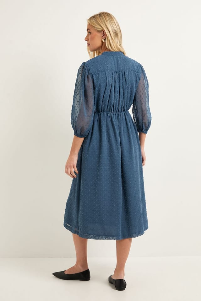 Wallis Wallis Women's Petite Dobby Pleat Detail Button Midi Dress in Blue - 3