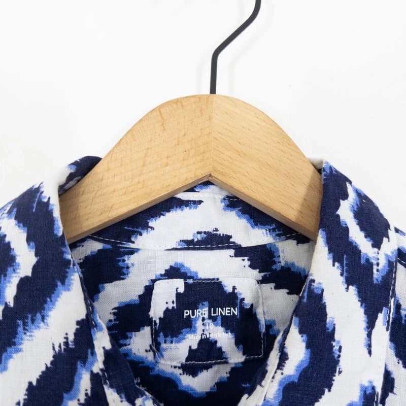 Marks & Spencer M&S Pure Linen Shirt Size 10 White Blue Ikat Geo Print Long Sleeve Oversized