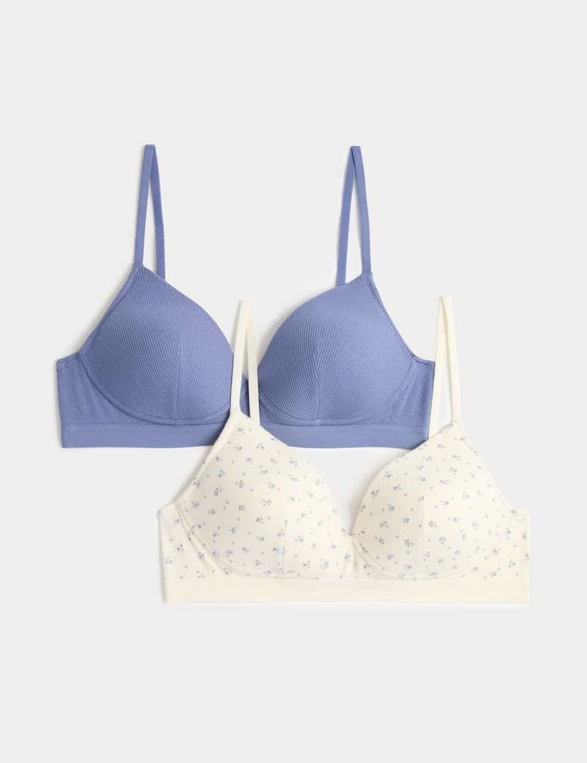 Marks & Spencer M&S 2 Pack Non Wired Cotton Rich Ribbed First Bras AA-D Blue Mix - 1