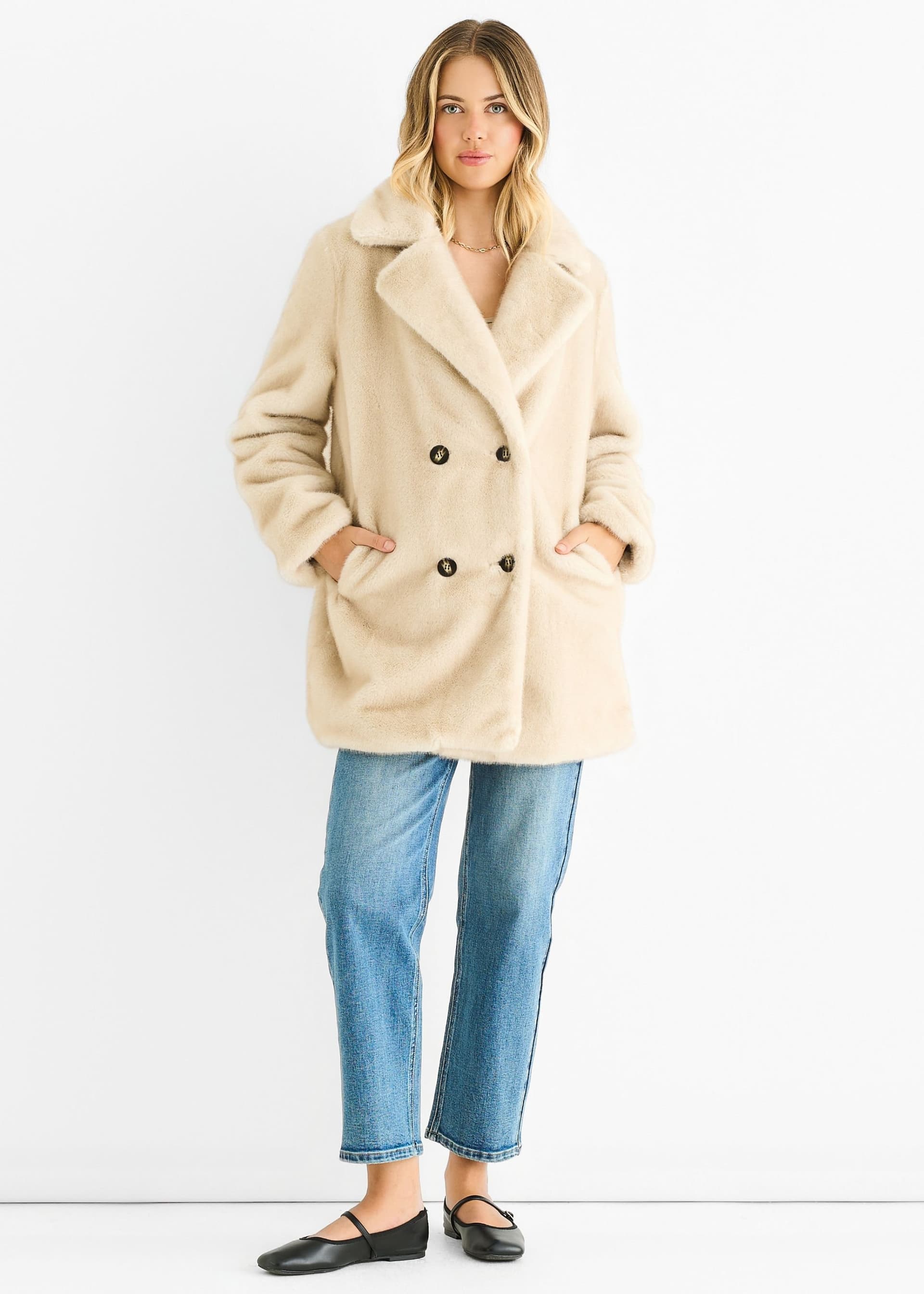 Gini London Gini London Beige Faux Fur Double Breasted Jacket