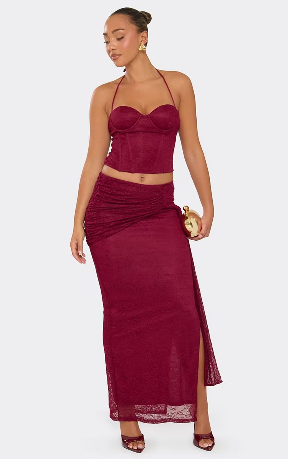 EGO Halterneck Zip Up Corset Top In Burgundy Lace, Women's Size UK 6