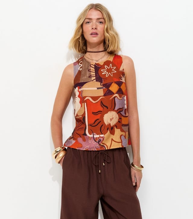 New Look Women's Orange Abstract Floral Print Sleeveless Top New Look - 2