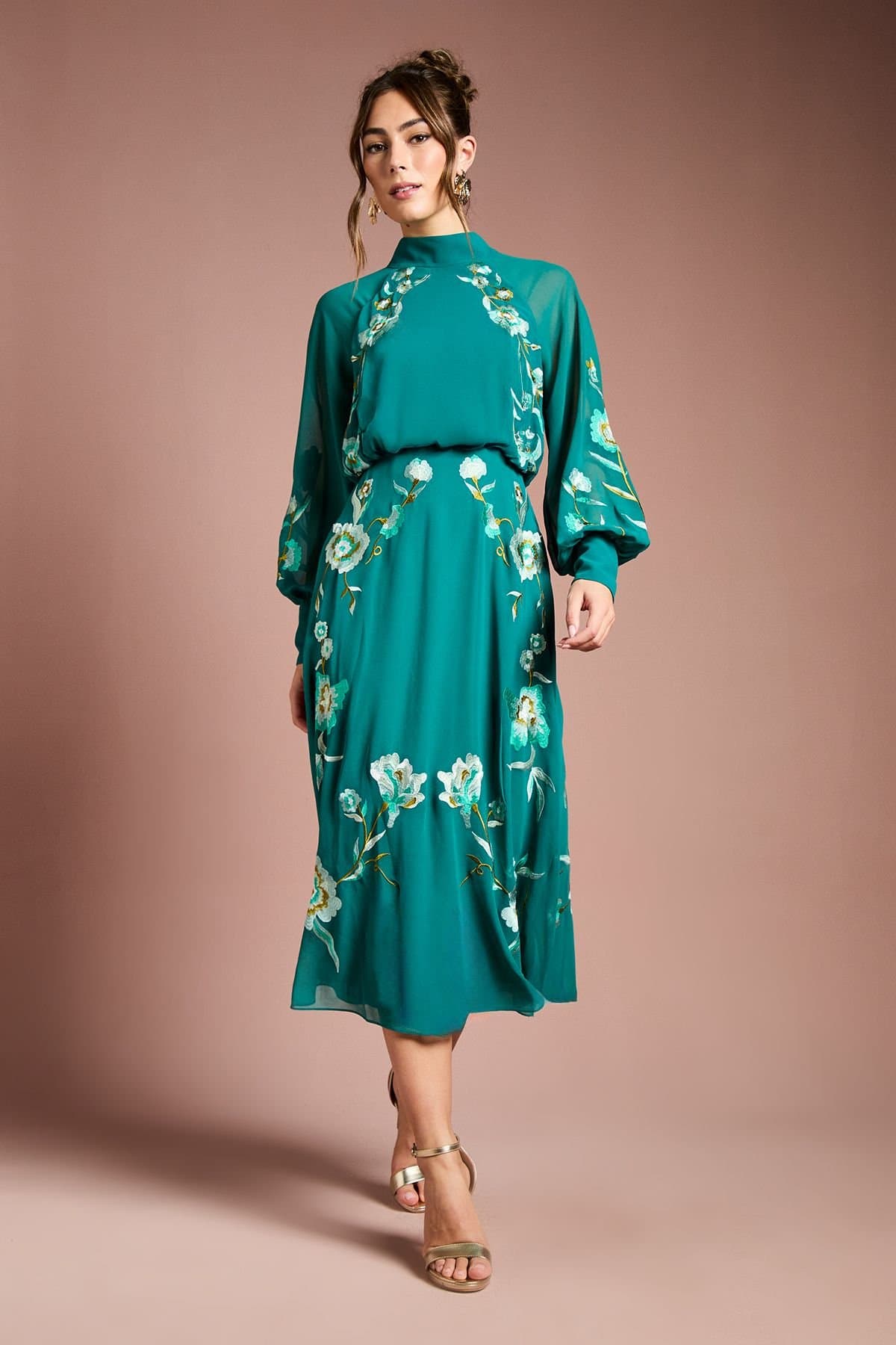 Coast Coast Women's High Neck Long Sleeve Floral Embroidered Midi Dress in Teal