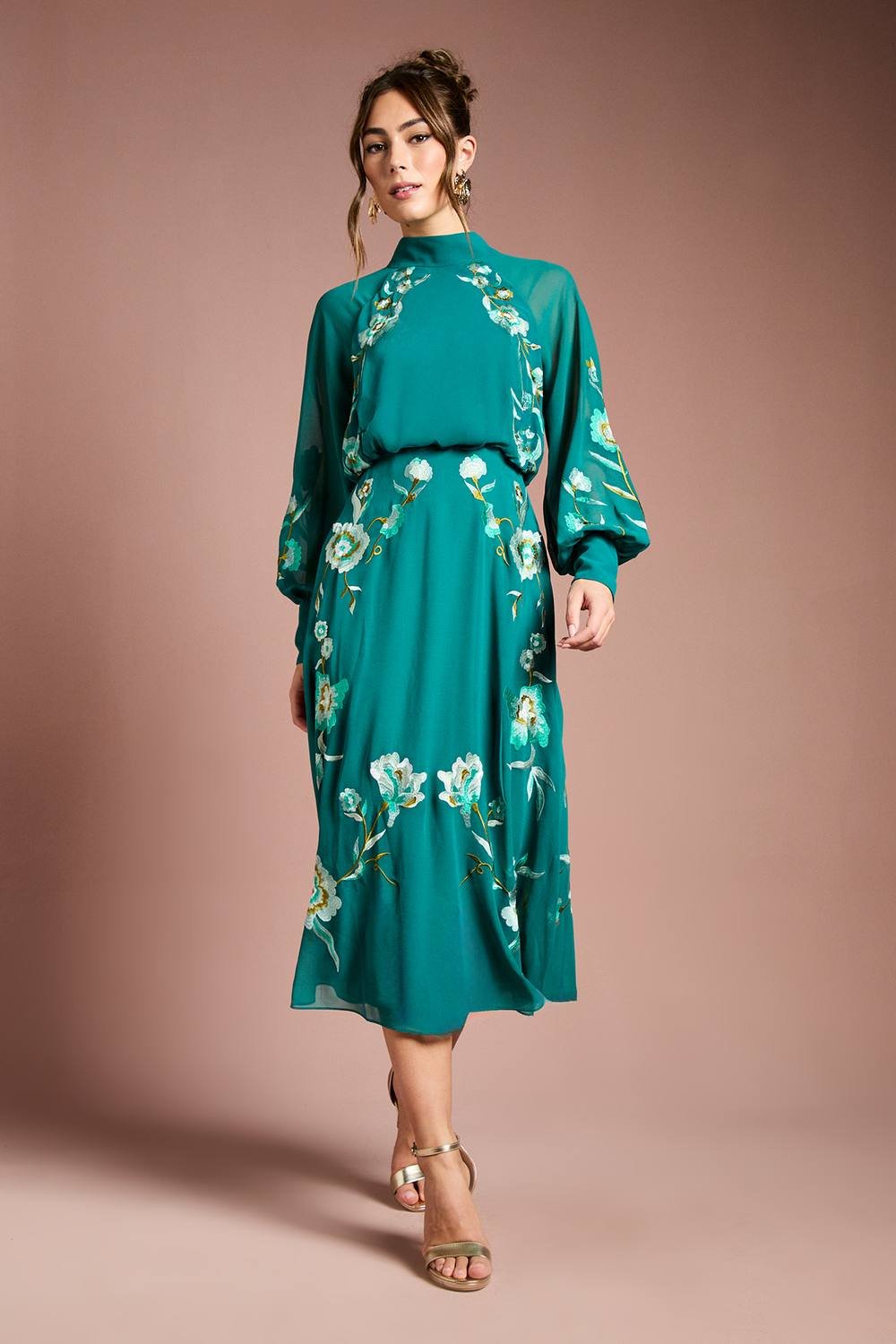Coast Coast Women's High Neck Long Sleeve Floral Embroidered Midi Dress in Teal - 2