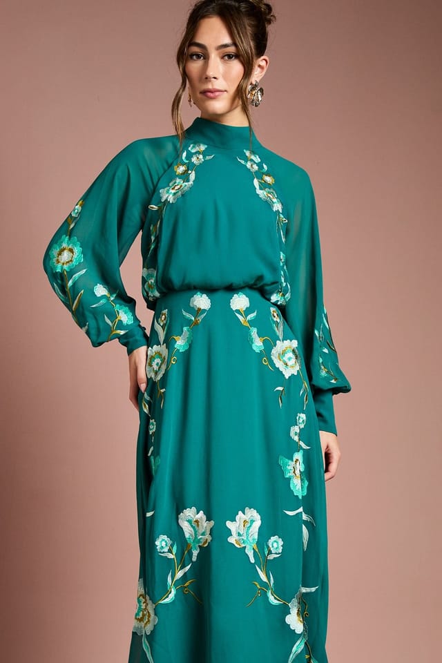 Coast Coast Women's High Neck Long Sleeve Floral Embroidered Midi Dress in Teal - 2