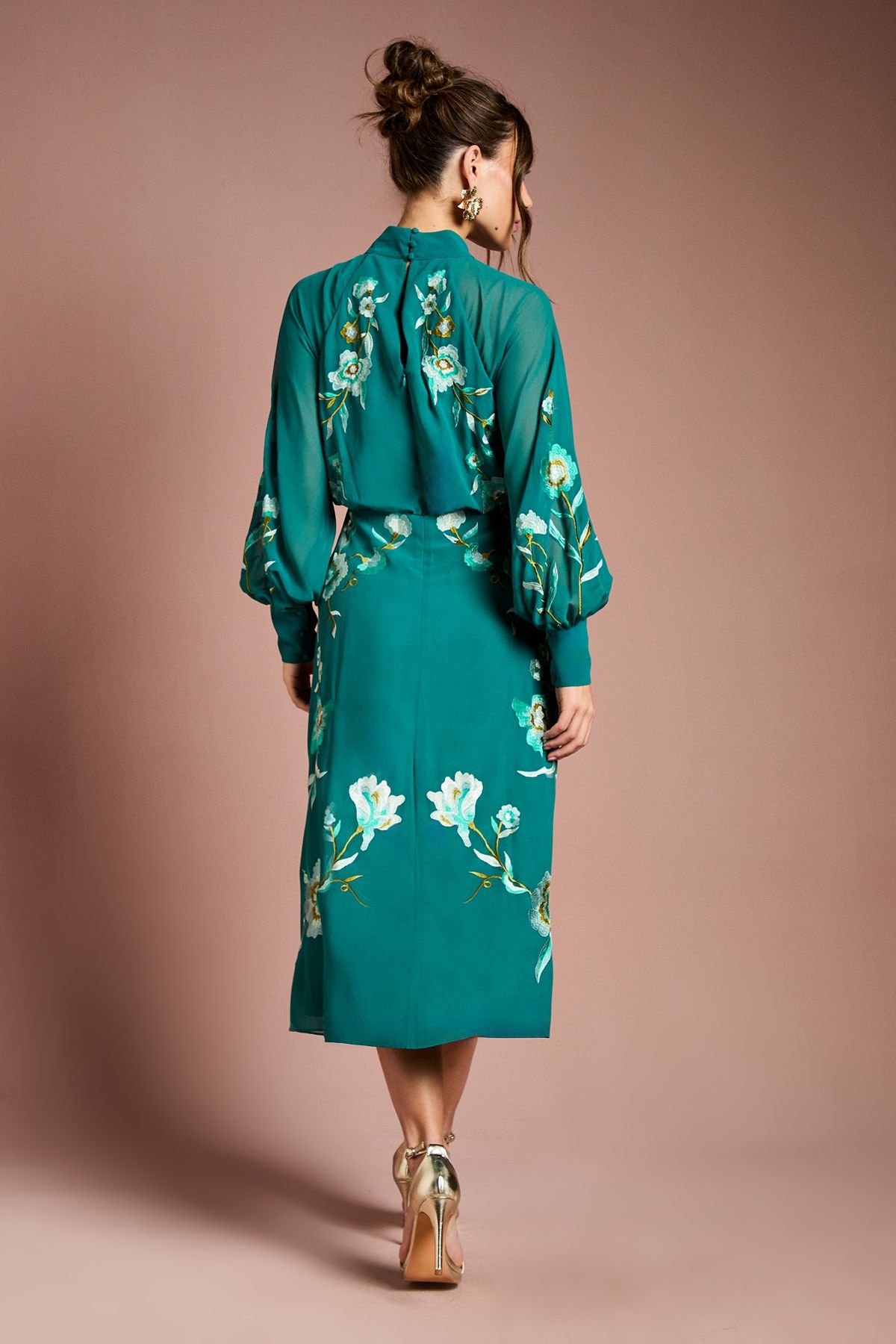 Coast Coast Women's High Neck Long Sleeve Floral Embroidered Midi Dress in Teal - 3