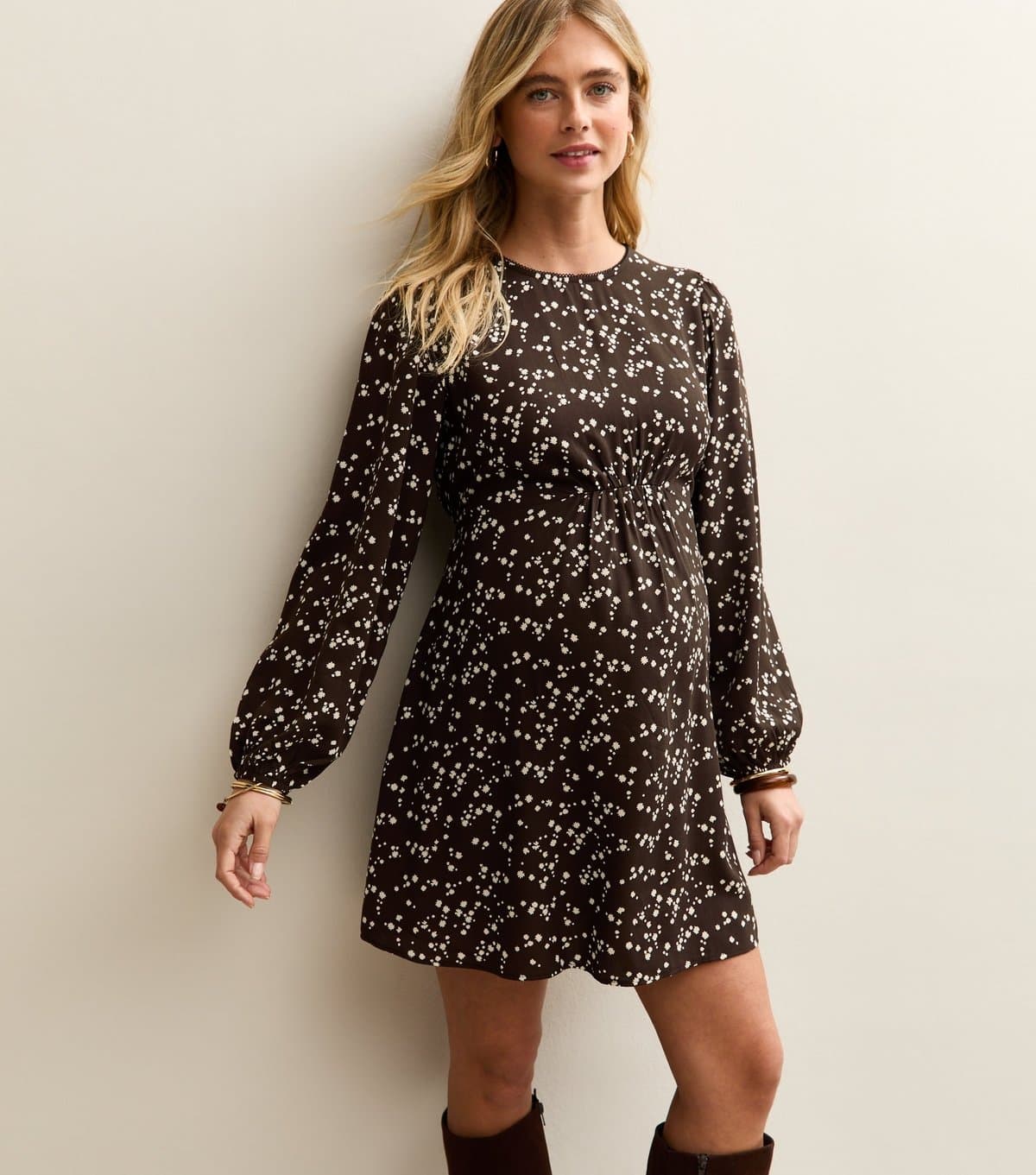 New Look Women's Maternity Dark Brown Ditsy Long Sleeve Flutter Mini Dress New Look