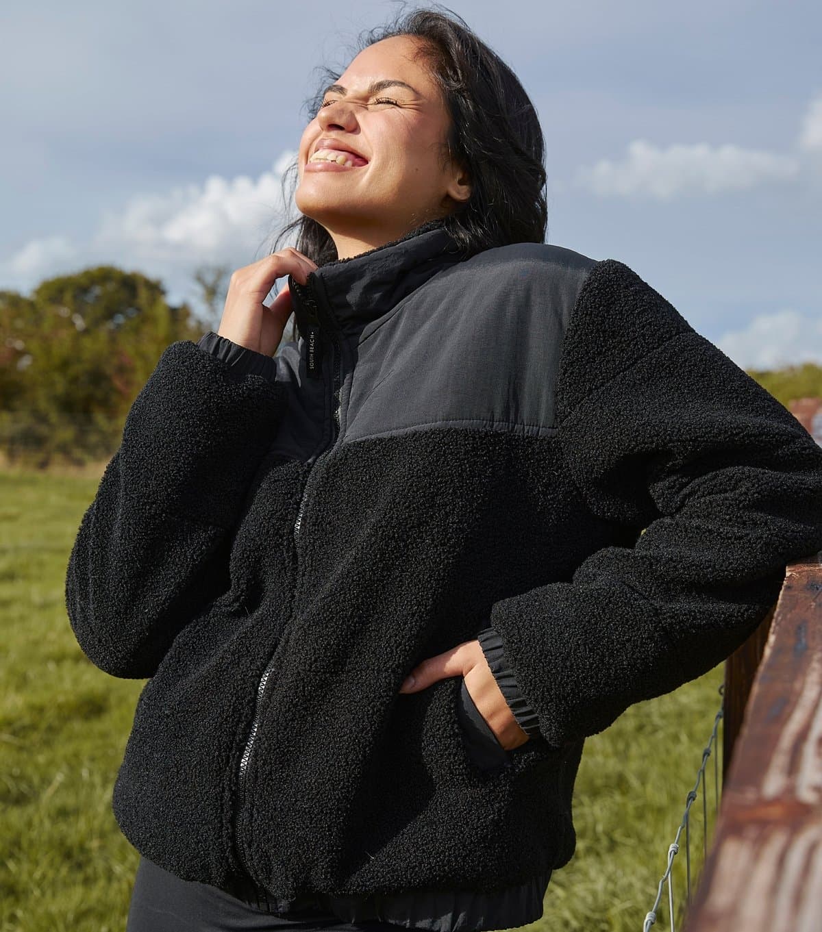 South Beach Women's Black Panelled Borg Jacket South Beach New Look