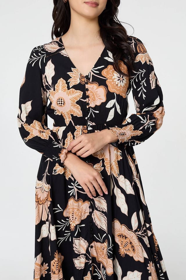 Izabel London Izabel London Women's Leaf Print Long Sleeve Maxi Dress in Black - 2