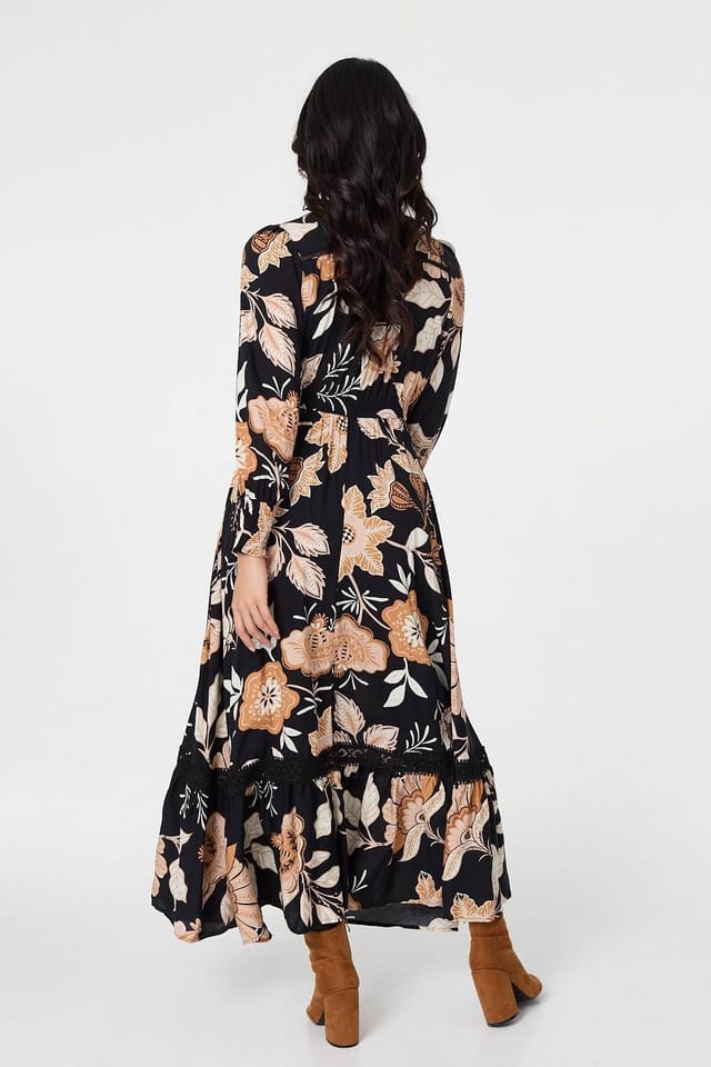 Izabel London Izabel London Women's Leaf Print Long Sleeve Maxi Dress in Black - 3