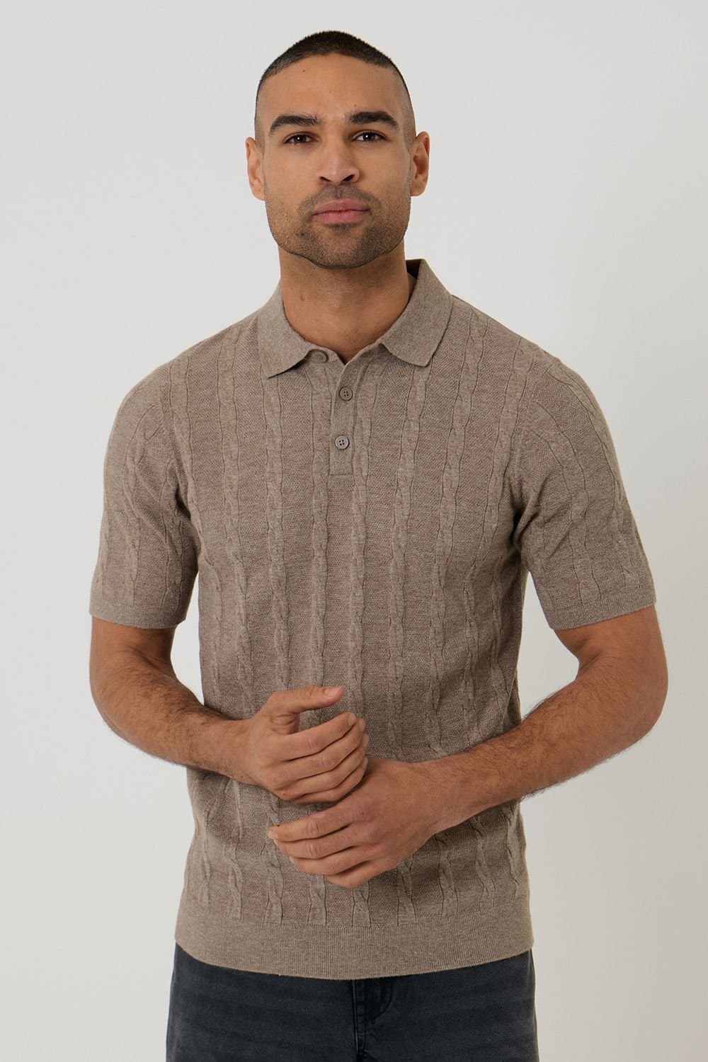 Threadbare threadbare Men's Cable Stripe Knitted Button Polo in Taupe