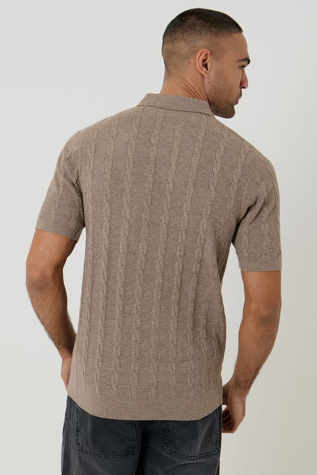 Threadbare threadbare Men's Cable Stripe Knitted Button Polo in Taupe - 2