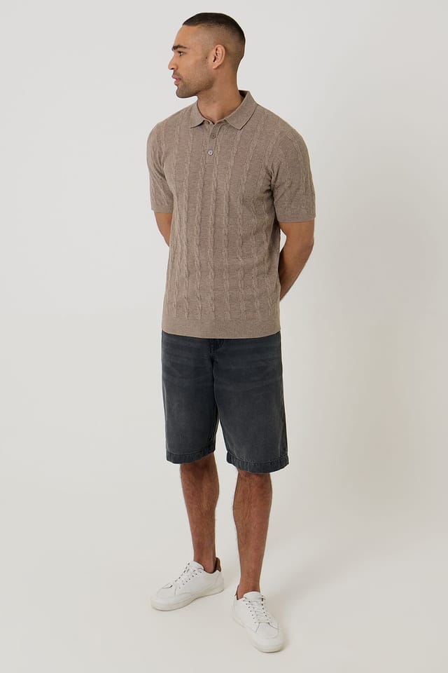 Threadbare threadbare Men's Cable Stripe Knitted Button Polo in Taupe - 3
