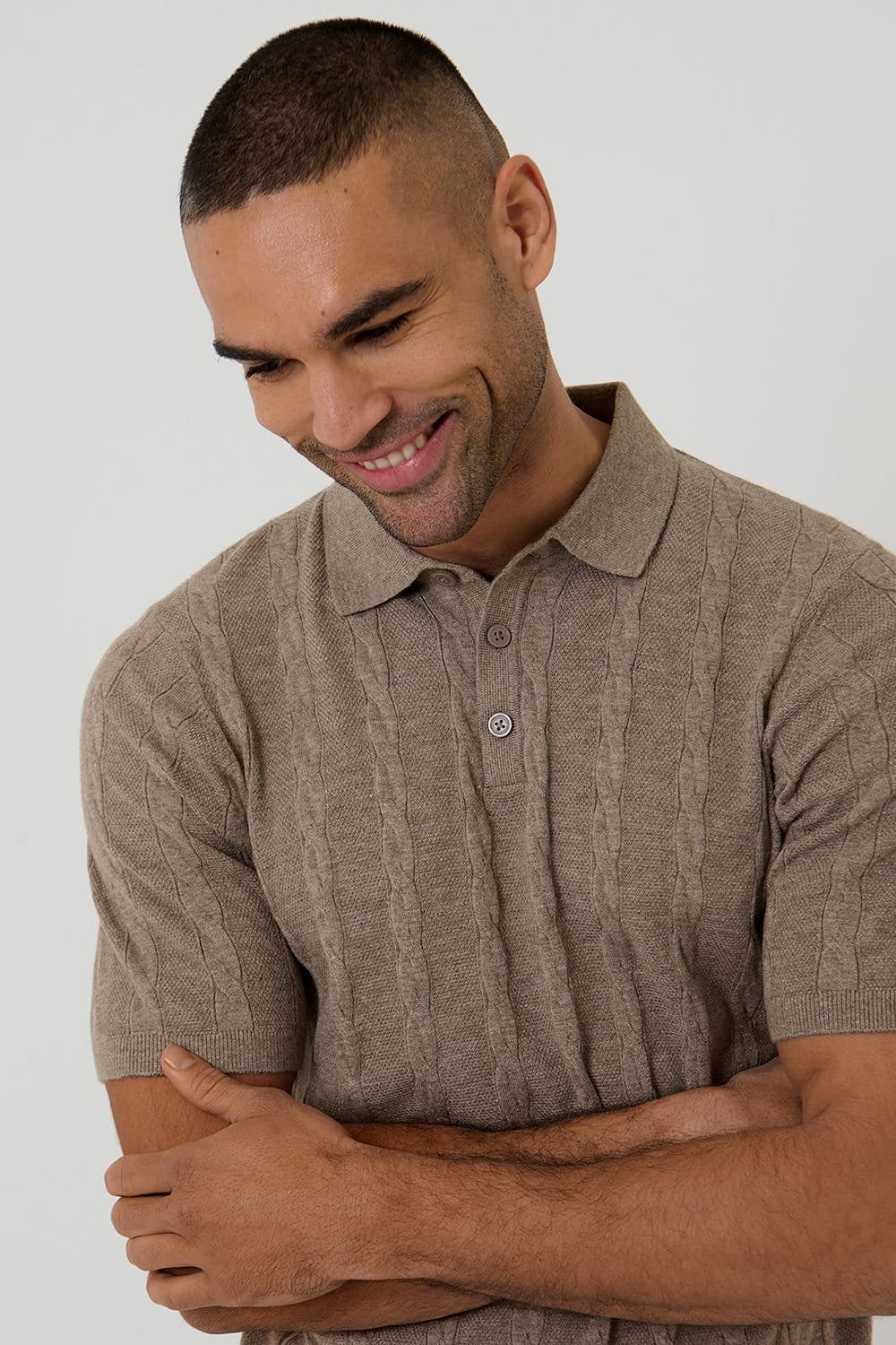 Threadbare threadbare Men's Cable Stripe Knitted Button Polo in Taupe - 4
