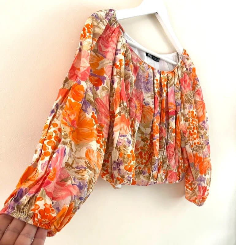 Zara 🌸 Zara Floral Puff Sleeve Crop Top Orange Pink Lilac Cotton Boho Summer UK 8 S