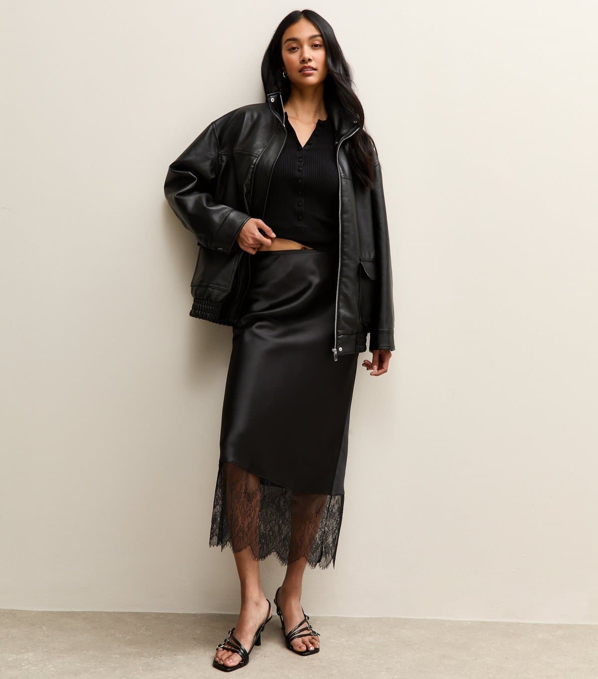 New Look Women's Black Faux Leather Funnel Neck Oversized Jacket New Look