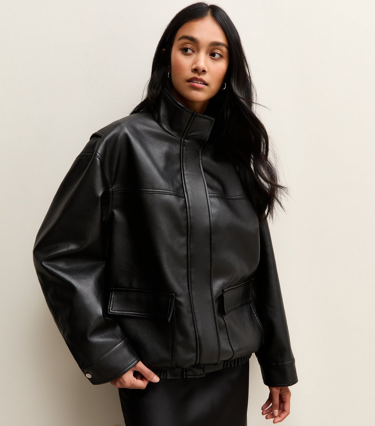New Look Women's Black Faux Leather Funnel Neck Oversized Jacket New Look - 3
