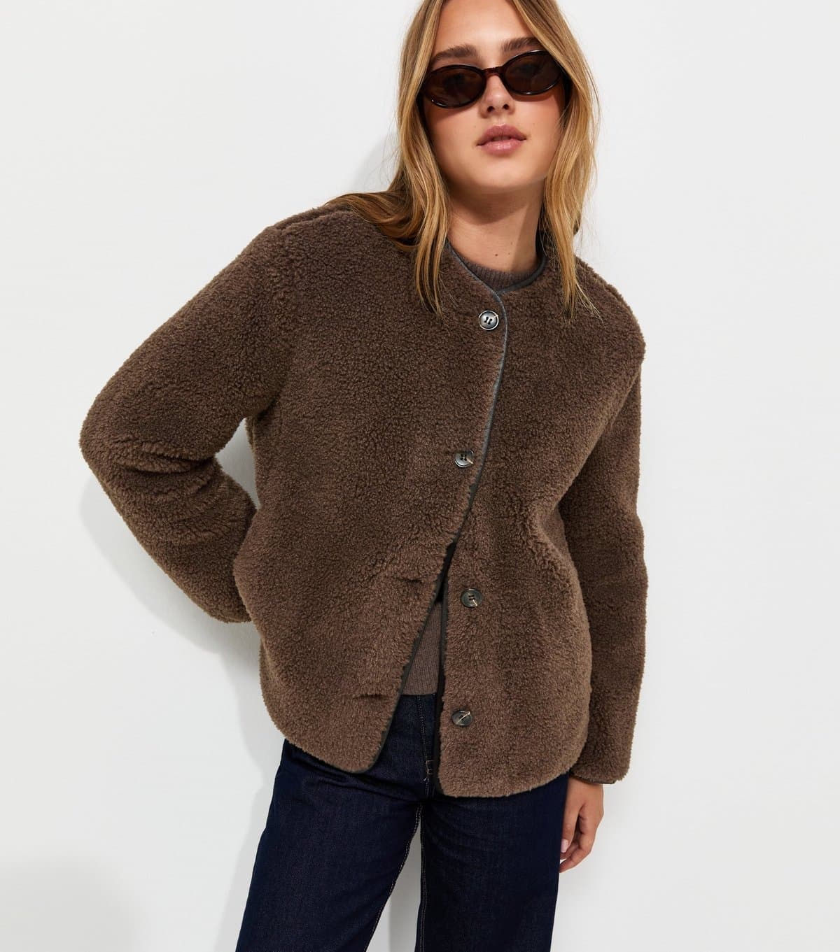 New Look Women's Dark Brown Borg Button Through Jacket New Look