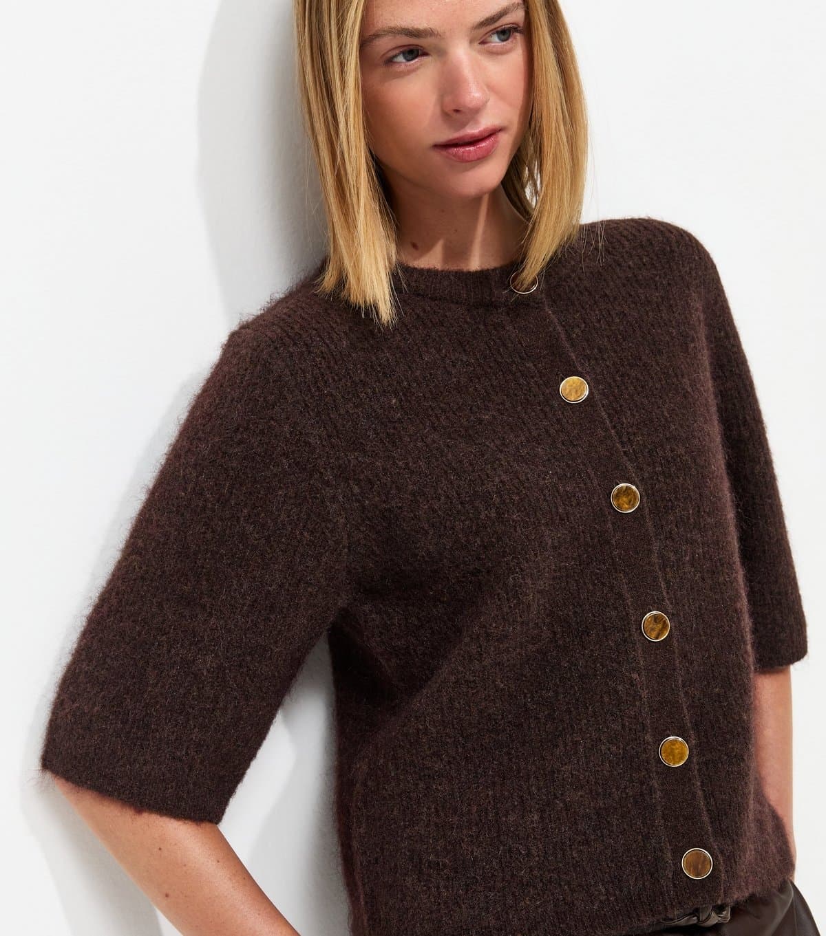 New Look Women's Dark Brown Short Sleeve Button Front Cardigan New Look