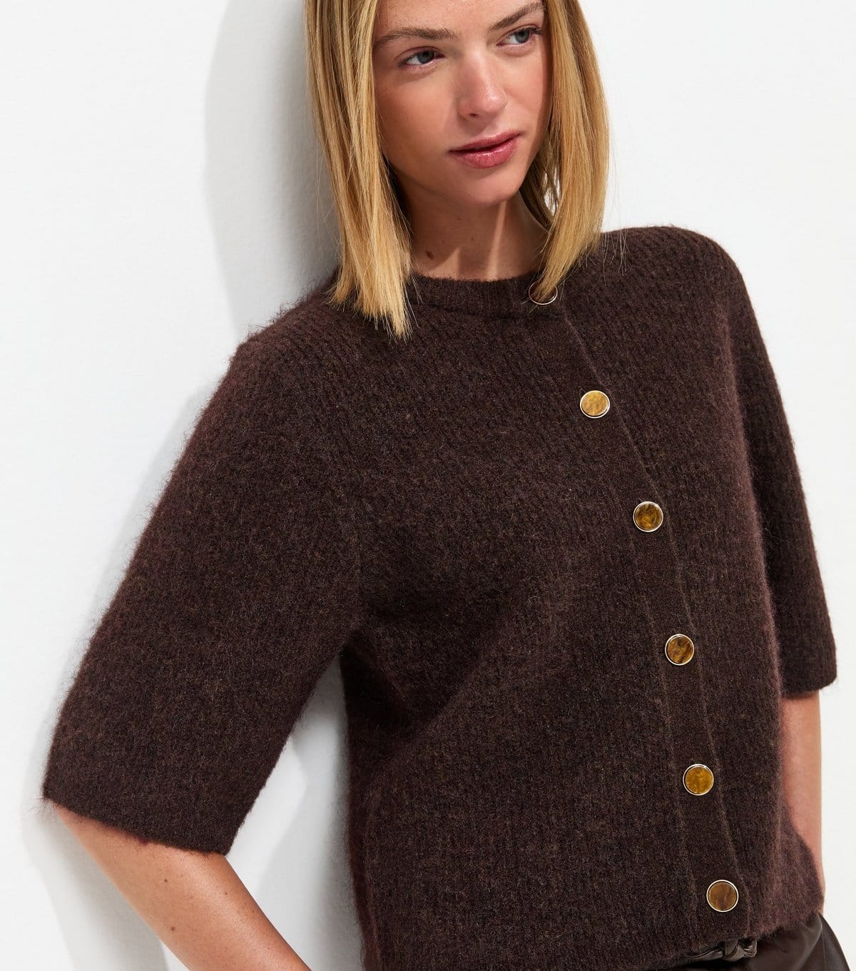 New Look Dark Brown Short Sleeve Button Front Cardigan