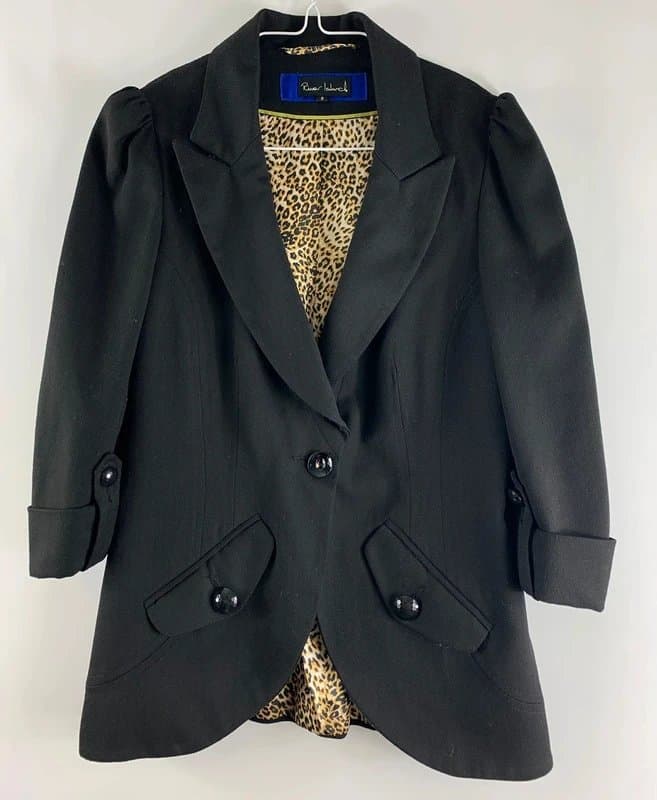 River Island River Island Y2K Blazer Jacket 8 Black Herringbone Stretchy Roll Up Cuff 3/4 Sleeves Smart Casual