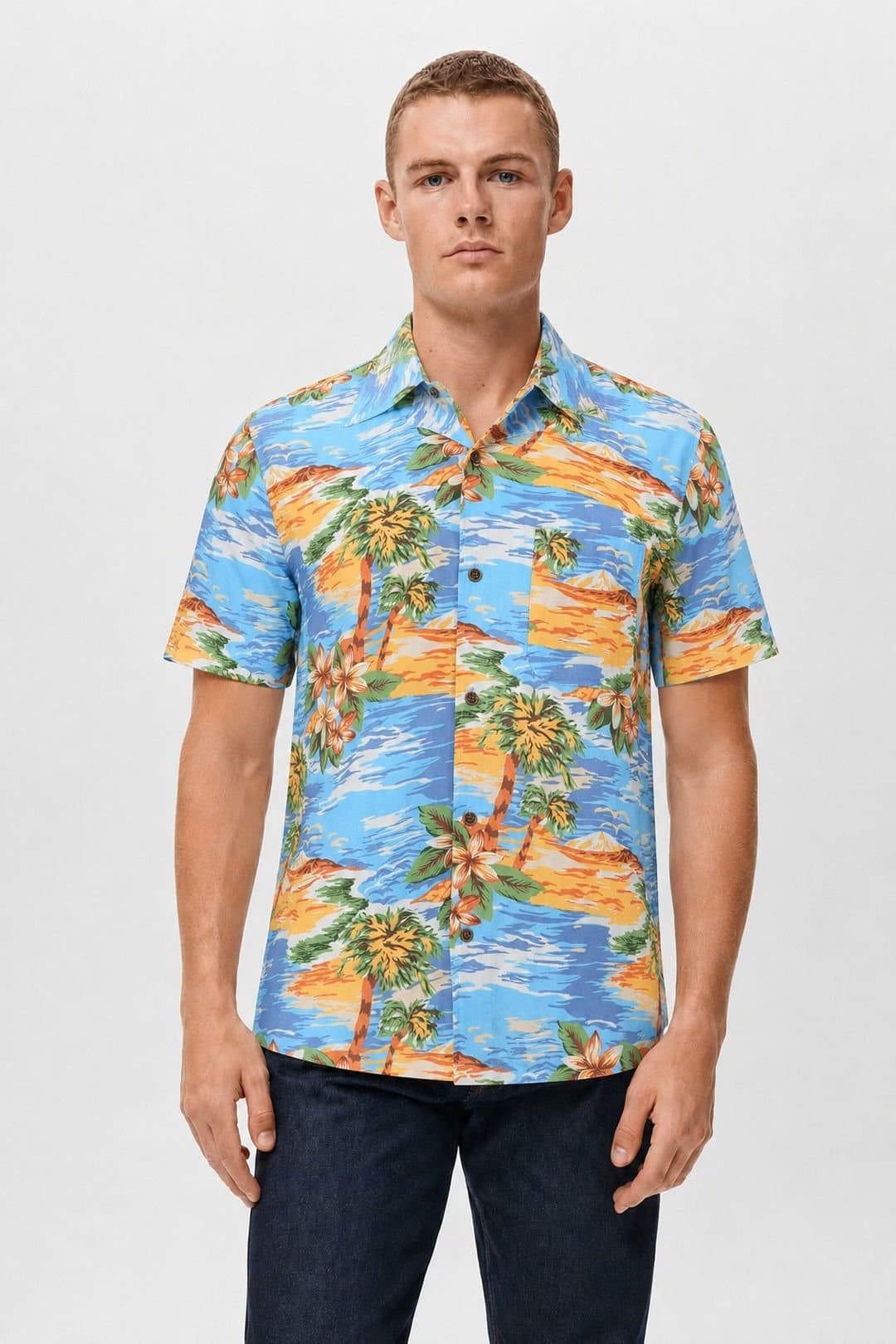Little Nooks Little Nooks Men's Trinidad Tropical Print Short Sleeve Shirt in Blue