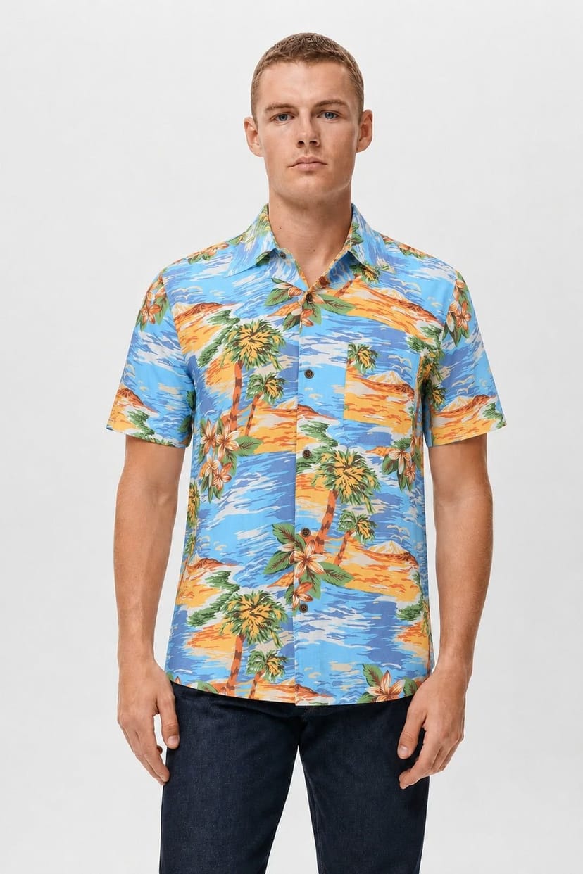 Little Nooks Little Nooks Men's Trinidad Tropical Print Short Sleeve Shirt in Blue - 1