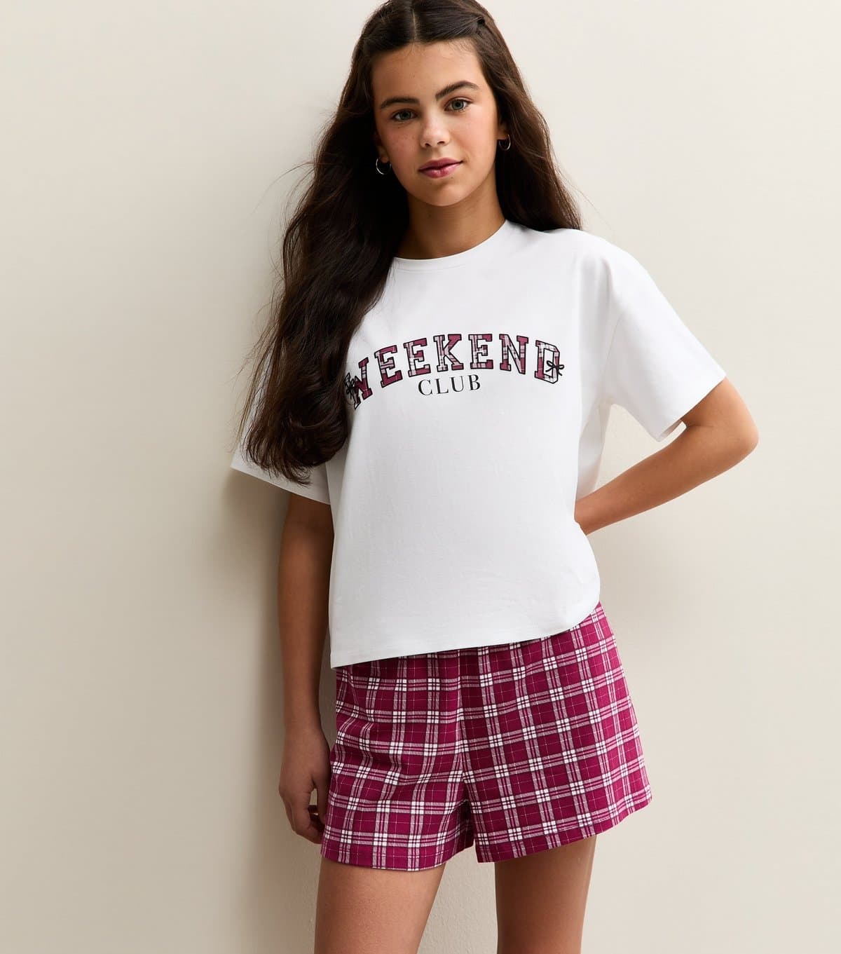 New Look Girls' White Weekend Club Print and Checked Shorts Pyjama Set New Look